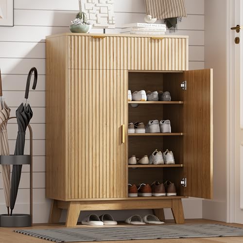 Shoe Cabinet Storage for Entryway with Doors, 4 Tier Fluted Shoe Organizer with 2 Drawers, Entryway Shoe Storage with Adjustable Shelves, Freestanding Hidden Shoe Rack for Front Door Entrance, Oak - color: Oak, size: 4 Tier