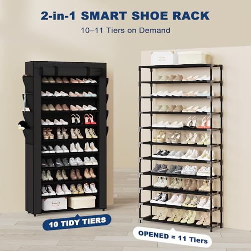 Mavivegue Shoe Rack with Cover, 10+1 Tier Tall Shoe Storage for 50-55 Pairs of Shoes, Shoe Organizer for Entryway, Closet - color: Black, size: 10-Tier-Large
