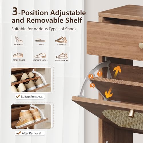 Shoe Storage Cabinet for Entryway, Slim Shoe Rack with 2 Flip Drawers and Top Storage Drawer, Narrow Shoe Organizer with Arched Rattan Accent, Entryway Shoe Storage for Size 13.5 Shoes, Caramel - color: Warm Caramel, style: 2 Flip Drawer & Top Drawer