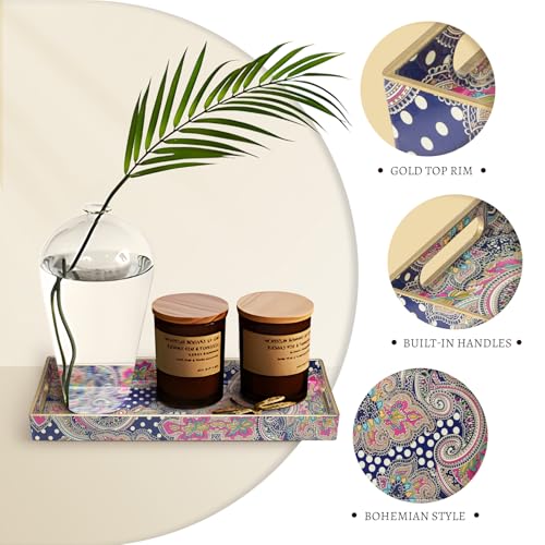 MAONAME Plastic Vanity Tray, Bathroom Counter Tray, Decorative Trays with Handles, Storage Dresser Trays Organizer for Toilet Tank, Jewelry, Makeup, 13.8" x 6" x 1.57" - color: Bohemian-2