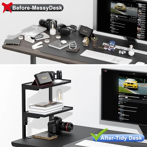 Spacrea clamp on Desk Shelf, 2 Tier Office Desk Shelves Organizer, Wood Desktop Supplies Storage Rack, Desk Organizers and Accessories (Black) - color: Black