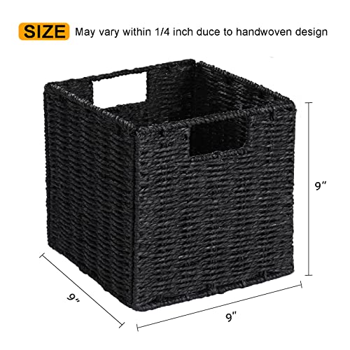 Vagusicc Wicker Basket, Set of 2 Woven Storage Baskets for Shelves, Foldable Cube Storage Basket Bins with Handles, 9 inch Small Storage Baskets for Organizing Pantry Bedroom, Black - color: Black, size: 9'' x 9'' x 9''