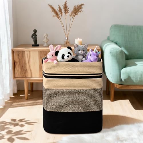 Laundry Hamper, 75L Tall Laundry Basket with Leather Handles, Rectangle Large Clothes Hamper for Organizing, Cotton Woven Laundry Baskets Storage Hampers for Bedroom, Nursery, Living Room - color: Jute& Black, size: 75L
