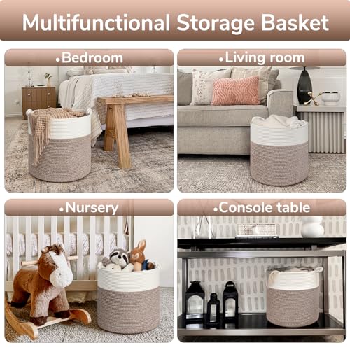 Goodpick Woven Laundry Basket, 15 x 14.2 Inches Cotton Rope Basket for Blankets, Soft Blanket Storage Baskets with Handles for Living Room, Woven Toy Storage Organizer for Nursery, Brown - color: Brown, size: 15 × 14.2 inches