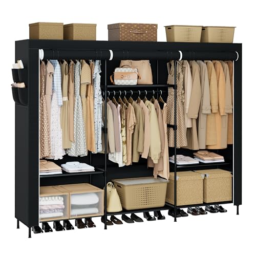 CASAMAYA Portable Closet, 81.1 Inch Extra Large Capacity Wardrobe Closet with Cover, Clothes Storage Organizer with Shelves and 3 Hanging Rods, Easy to Assembly, Black PCT133B01 - color: Black, size: 81.1"L x 17.7"W x 78"H