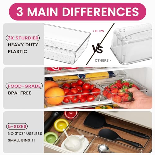 Criusia Large Drawer Organizer Bins 26 Pack | Complete 5 Size Clear Plastic Kitchen Drawer Organizers for Utensils | Bathroom Drawer Organizer Trays | Versatile for Makeup Office Organization - size: 26 Pack
