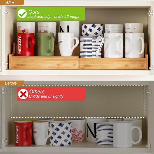Hongtamoya 2-Tier Expandable Bamboo Coffee Mug Holder, Mug Organizer for Kitchen Cabinets, Mug Cup Rack, Multi-Functional Cup Holder Shelf, Coffee Bar Organizer, Home - size: (11.61~22.44'')L*8.86''W*4.53''H