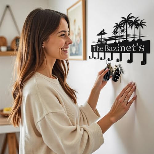 Personalized Metal Key Holder Wall Mount, Black Custom Key Holder for Wall, Wall Key Rack with 6–12 Hooks for Keys, Modern Home Entryway Organizer - color: Palm Tree & Beach