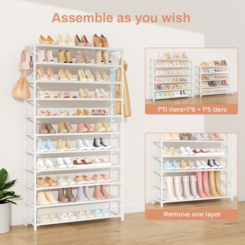VILICK 11 Tiers Tall Wide Shoe Rack 55 Pairs Large Capacity Sturdy Durable Shoe Rack for Closet Metal Shoe Organizer Shelf with Two Hooks Space Saving for Entryway White - color: White