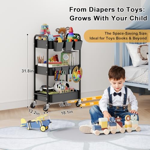 Baby Diaper Caddy Organizer and Storage, 3 Tier Rolling Cart with Wheels for Newborn Nursery Essentials, Baby Organizers for Changing Table, Crib, Bedroom, Movable Bedside Organizatio (Black) - color: Black1, size: 3-Tier + Cups + Hooks