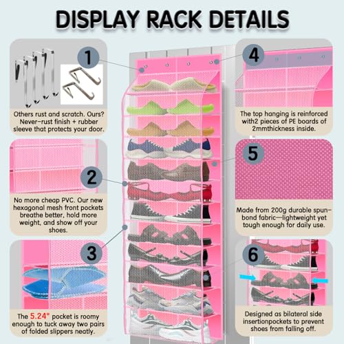 Kotkn Over The Door Shoe Organizer with 12 Large Breathable Pockets - Durable Hanging Storage for the Entire Family's Shoes (Pink) - color: Pink