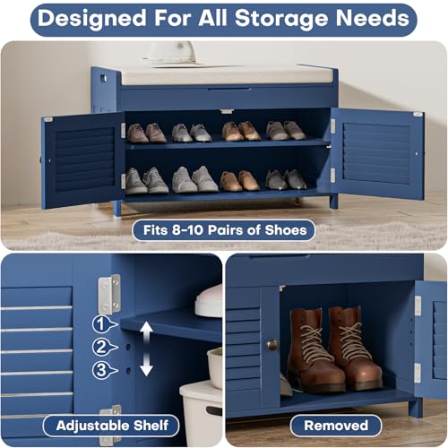 WARMHONIU Shoe Storage Bench with Lift Top Storage, Entryway Bench with Cushioned Seat, Adjustable Shelf, 2 Tier Shoe Rack with Doors for Entryway, Bedroom, Hallway, Mudroom, Blue - color: Blue, style: Lift Top Storage