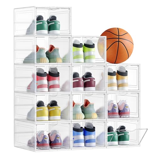SONGMICS Shoe Boxes, Set of 12, Clear Plastic Shoe Storage, Stackable Sneaker Box, Drop Front Door, Up to US Size 11, Easy Assembly, 13 x 9.8 x 7.1 Inches, Transparent White ULSP032W12 - color: Transparent White, size: 12 Count