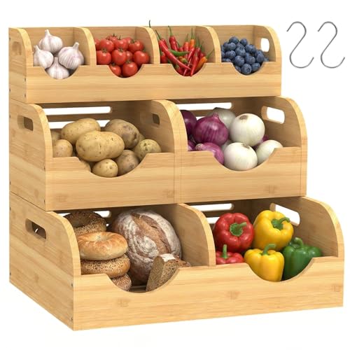 Upgraded 3 Tier Bamboo Pantry Storage Bins,Large potato storage With 2 Banana Hangers,Stackable Potato and Onion Storage Bin with Airflow Vent, Pantry Baskets, Vegetable Storage,for Kitchen Countertop