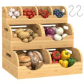 Upgraded 3 Tier Bamboo Pantry Storage Bins,Large potato storage With 2 Banana Hangers,Stackable Potato and Onion Storage Bin with Airflow Vent, Pantry Baskets, Vegetable Storage,for Kitchen Countertop