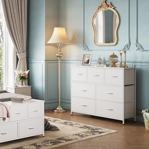 WLIVE 7 Drawer Dresser TV Stand, Dressers for Bedroom, Fabric Storage Tower, Hallway, Entryway, Closets, Sturdy Steel Frame, Wood Top, Easy Pull Handle, White - color: White