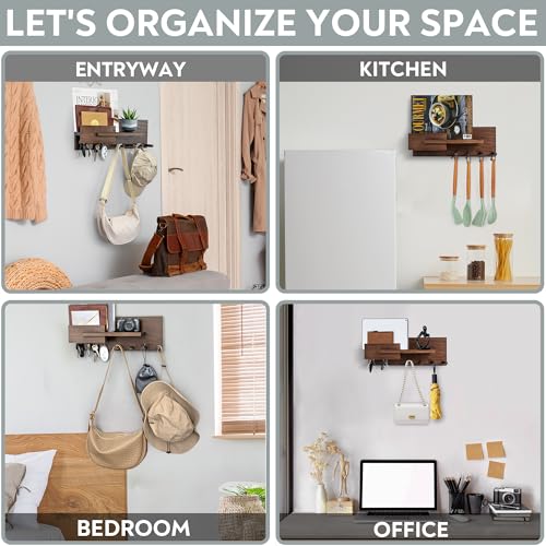 Solid Wood Mail and Key Holder for Wall Decorative Display - Includes Mail Holder, Shelf with Hooks for Keys & Pegs for Hanging Hats, Coats, Bags, Backpacks & More - Sleek Modern Design, Walnut Brown - color: B-Brown