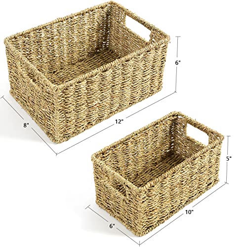 HOONEX Wicker Baskets for Storage, Seagrass Baskets with Dual Handles, Woven Baskets for Shelves, Set of 2, Natural - color: Natural (Seagrass), size: 12 x 8 x 6 inches