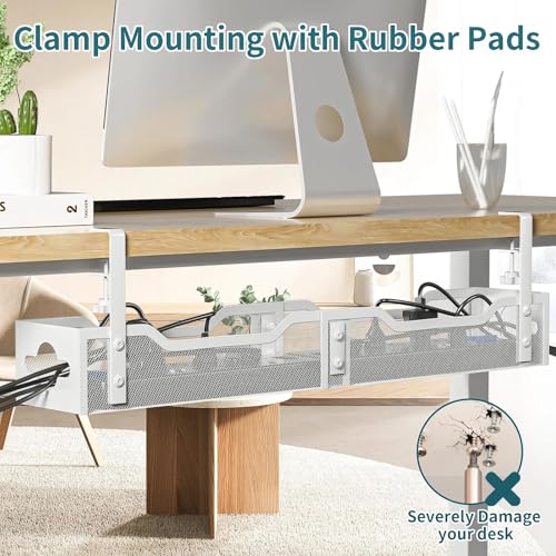 Under Desk Cable Management Tray 32'', Cable Management Under Desk No Drill, Cable Organizer with Clamp for Wire Management, Cord Organizer for Office, Home - No Damage to Table (White) - color: White, size: 32"