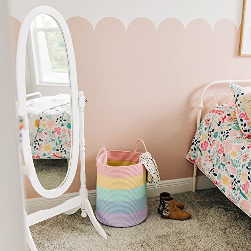 OrganiHaus Large Rainbow Woven Laundry Basket w/Handles 52L, Decorative Toy Storage Bin for Nursery, Colorful Blanket Basket for Playroom, Baby Laundry Hamper, Fun Kids Room Decor Organizer - color: Rainbow Pastel, size: Tall