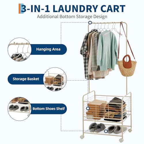 GarveeHome Metal Laundry Cart with Hanging Rack & Storage Shelves | 3 in-1 Rolling Hamper with Wheels for Clothes, Towels and Toys | Space Saving Organizer for Small Apartment/Bathroom