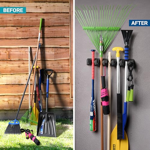 Mop and Broom Holder Wall Mount - Garage Storage Organizer with 5 Slots, 6 Hooks, 7.5lbs Capacity Per Slot - Home, Kitchen, Closet, Garden Tools, Laundry Room Organization – Black Broom Hanger - color: Black, size: 1 Pack 5-position, 6-Hooks