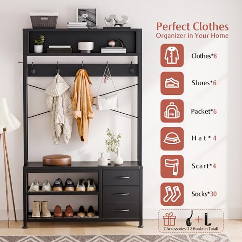 Lulive Hall Tree with Bench and Shoe Storage, 31.5" Coat Rack Freestanding with 2-Tier Storage Shelf, 6-in-1 Entryway Bench Coat Rack with 12 Hooks and 3 Drawers(Black) - color: Black