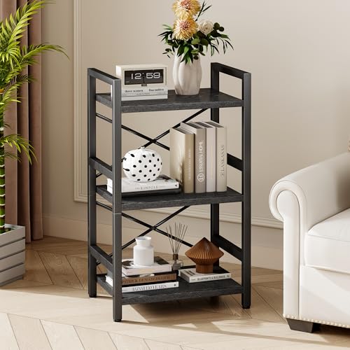 Homeiju Bookshelf, 3 Tier Industrial Bookcase, Metal Small Bookcase, Rustic Etagere Book Shelf Storage Organizer for Living Room, Bedroom, and Home Office(Black) Patent Pending D29873033 - color: Black, size: 3 Tier