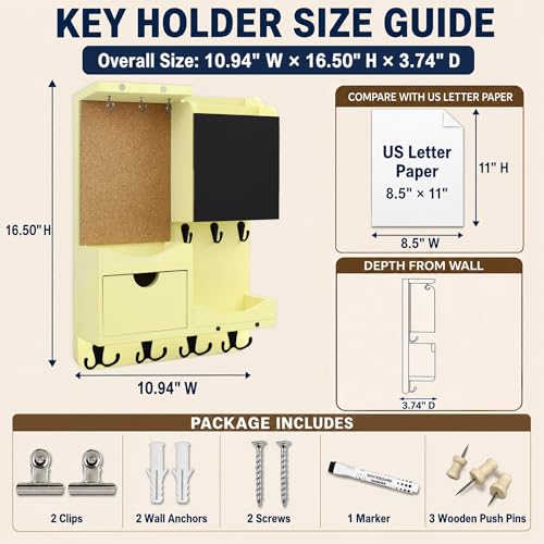 Key Holder Wall Mount， Mail Organizer Key Holder for Wall with Shelf, Drawer, Chalkboard, Corkboard, Home Decor Wall Mounted for Room Entryway (Ivory Yellow) - color: Ivory Yellow, size: Vertical