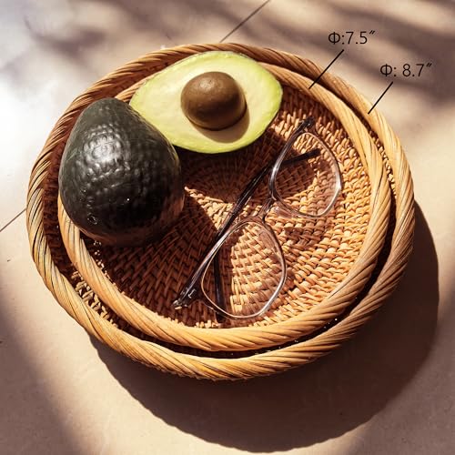 Handcrafted Small Rattan Serving Basket 8.7" – Round Woven Bread & Cracker Tray – Natural Wicker Fruit Bowl for Countertop Display, Snacks, Candy, and Party Serving - size: 8.7"
