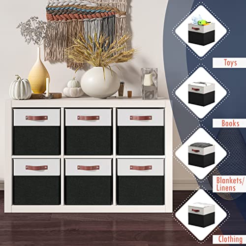 Ornavo Home 13 x 13 Storage Cube Bins, Foldable Collapsible Fabric Storage Bins Box Linen Shelf Basket Cube Organizer for Closet with Leather Handles, 6 Pack, White/Black - color: White/Black, size: Cube - 13 x 13 x 13