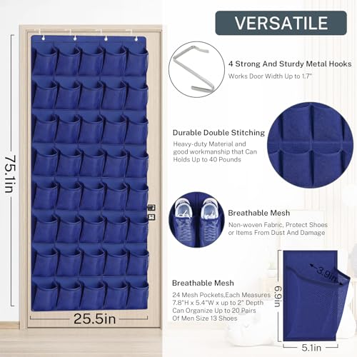 40-Pocket Over the Door Shoe Organizer - Large Mesh Pocket Hanging Shoe Organizer,Behind the Door Shoes Storage Holder Hanger - color: Navy Blue
