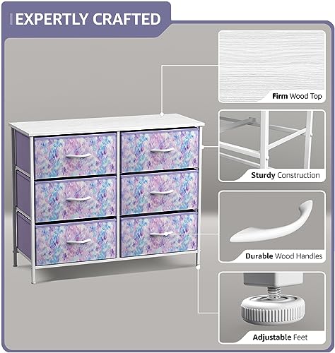 Sorbus Kids Dresser with 6 Drawers - Storage Chest Organizer Unit with Steel Frame, Wood Top & Handles, Tie-dye Fabric Bins for Clothes - Wide Furniture for Bedroom Hallway Kids Room Nursery & Closet - color: Purple Tie Dye, style: 6-Drawer