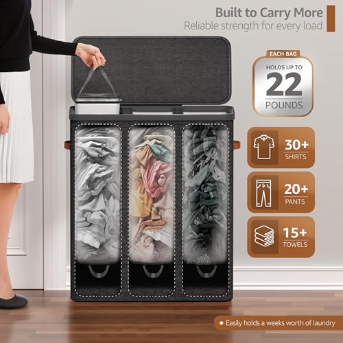 Sorbus Laundry Hamper with Lid - Collapsible 3-Compartment Fabric Laundry Basket with Handles and Removable Laundry Bag – 50 Gallon (190 L) Dirty Clothes Hamper for Bedroom, bathroom and dorm (Black) - color: Black, size: 3 Compartment