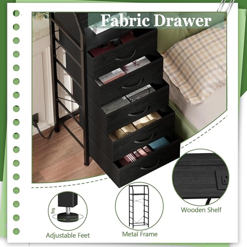 Furnulem 5 Drawers Dresser with Charging Station, Fabric Chest of Drawers with Open Shelf, Tall Night Stand, Bedside Table for Closet, Entryway, Bedroom Furniture, 3 Ways to Use, Black Oak - color: Black Oak, size: 5 Drawer