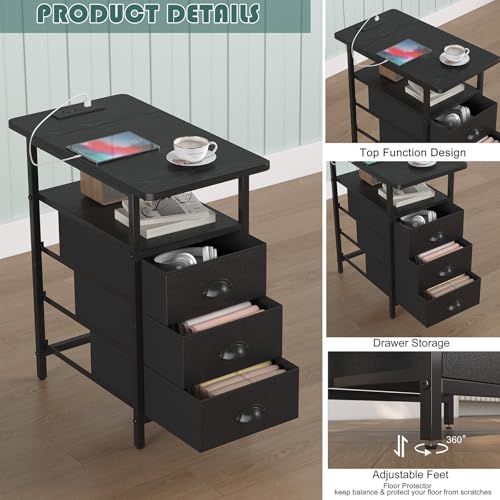 sthmec End Table with Charging Station,LED Side Tables with USB Ports and Outlets,Narrow Nightstands Bedside Tables with 3 Drawers PU Finish for Small Space,Slim Sofa Table for Livingroom,Black - color: Black, size: 11.75'' W*21'' D* 24.3'' H, style: Powe