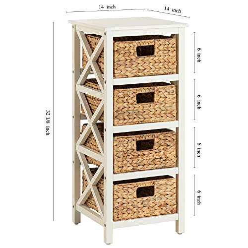 eHemco 4 Tier X-Side End Storage Cabinet with 4 Wicker Baskets, White - color: White, size: 14"D x 14"W x 32.1"H (4 Drawers)