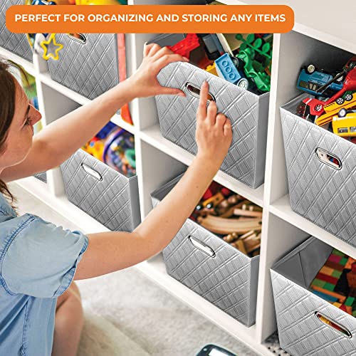 FH Group JIAessentials 12" Faux Leather Foldable Storage Cube Bins Set of 2 – Gray Diamond Patterned Organizers with Handles for Closet & Shelves - color: Gray, size: Medium