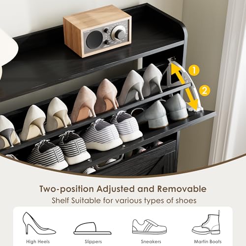 Nicetree Shoe Storage Cabinet with 2 Flip Drawers, Freestanding Shoe Organizer, Shoe Cabinet with Metal Legs, Narrow Shoe Rack Cabinet, Farmhouse Slim Shoe Cabinet for Entryway, Foyer, Hallway, Black - color: Black, style: 2-Drawers
