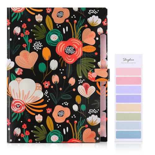 SKYDUE Expanding File Folder with 5 Pockets, Floral Accordion File Organizer for Important Document, Portable Receipt Paper Organizer, School Office Supplies Black - color: Black