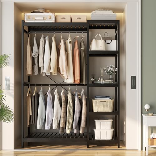 Homykic Bamboo Closet System, Heavy Duty Clothing Rack for Hanging Clothes, Freestanding Clothes Rack with 7 Adjustable Shelves & 2 Rods, 4 Hooks, Open Wardrobe Organizer Garment Rack, Dark Black - color: Dark Black, size: 1-Pack