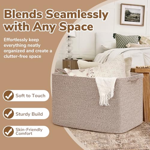 Goodpick 105L Large Woven Storage Basket, Rectangle Cotton Rope Basket for Blankets, Clothes, Oversized Toy Storage Organizer for Living Room, Nursery, 25"x16"x16", Brown - color: Brown, size: XX-Large(25"L x 16"W x 16"H)