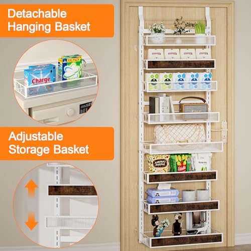 8 Tier Over the Door Pantry Organizer 2 IN 1 Hanging or Wall Mounted Spice Rack with Adjustable Basket,Heavy Duty Seasonning Storage Shelf for Kitchen Pantry and Bathroom - color: White, size: 8 Tiers