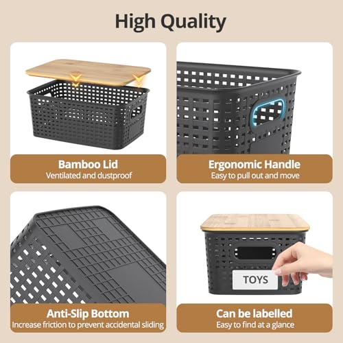 Plastic Storage Baskets with Bamboo Lids, Stackable Small Box Bins for Organizing and Containers for Shelves Drawers Desktop Closet Pantry Classroom Office Home, 6 Pack 10.2x7.2x4.1 Inch, Black - color: Black