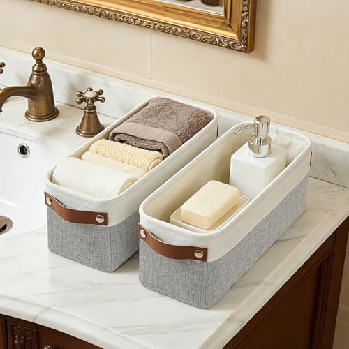 Bagnizer Small Fabric Storage Baskets, 15x6x5 inch Narrow Storage Bins 4-Pack Long Storage Basket for Organizing with Handles, Decorative Basket for Closets, Shelves, Toilet Paper, Grey - color: Gray / Off-White, size: Narrow-15"x6"x5"