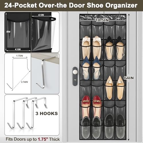 Over the Door Shoe Organizer - Space Saving Shoe Rack for Closet Door with 24 Crystal Clear Pockets and Metal Hooks, Shoe Holder Back of Door Organizers for Shoes, Hanging Shoe Organizer (Black) - color: Black, size: 1pc