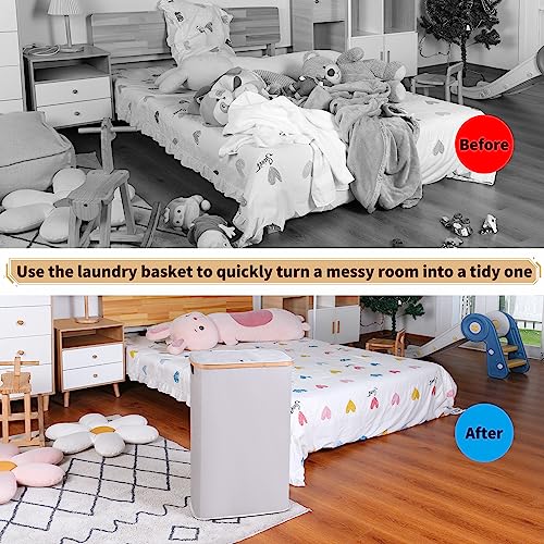 65L Slim Laundry Hamper, Narrow Laundry Basket with Lid,Foldable Clothes Hamper with Bamboo Handles,Hamper Basket with Removable Inner Bag for Laundry Room Bedroom College Dorm,17.17 Gals（Light Grey） - color: Light Grey, size: 65L