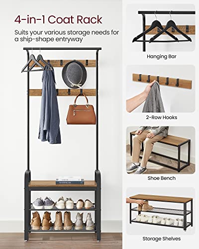 VASAGLE Coat Rack, Hall Tree with Shoe Bench for Entryway, Entryway Bench with Coat Rack, 4-in-1, with 9 Removable Hooks, a Hanging Rod, 13.3 x 28.3 x 72.1 Inches, Rustic Walnut and Black UHSR040B41 - color: Rustic Walnut + Black, size: 28.3"W