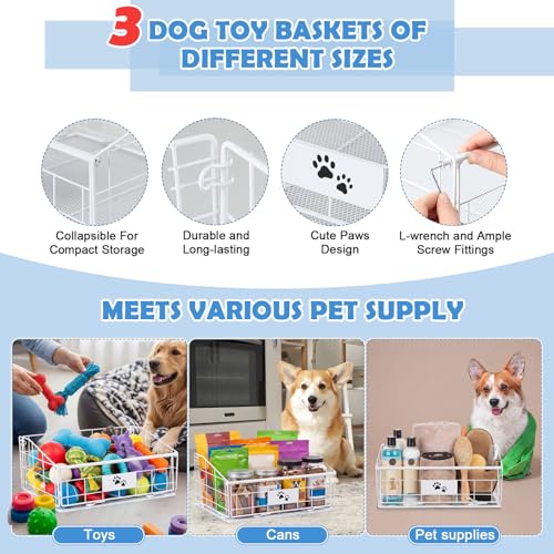 Mimorou 3 Pack Metal Dog Toy Baskets Multi-sized Foldable Dog Toy Bins Box Storage Container Organizer for Living Room Area Decorative Pet Accessories Coat Clothing Storage Holder Baskets(White) - color: White