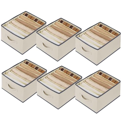 6 Pcs Large Size Wardrobe Clothes Organizers 6 Grids for Pants, Jeans, Sweater, T-shirt, Thin Coat, Dress Stackable Closet Drawer Organizer Storage Bin Container with Sturdy Handles, Beige - color: Beige, size: 6 Pack